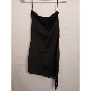 Strapless Black Fringe Asymmetrical Hem Strap Mini Dress
